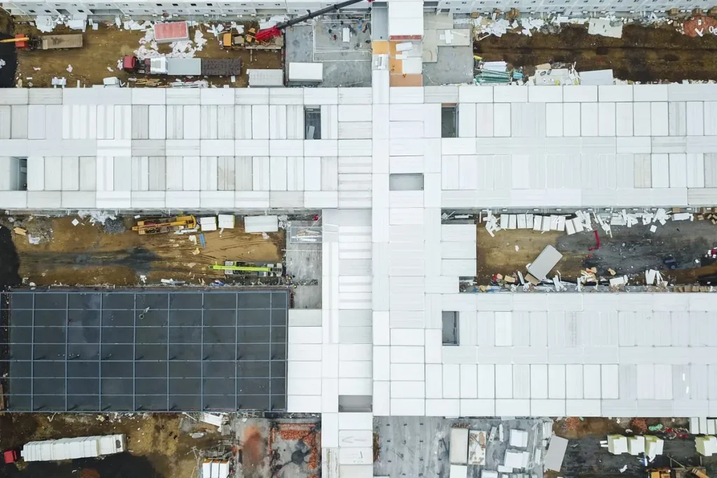 Aerial view of a large commercial building roof near Olympia