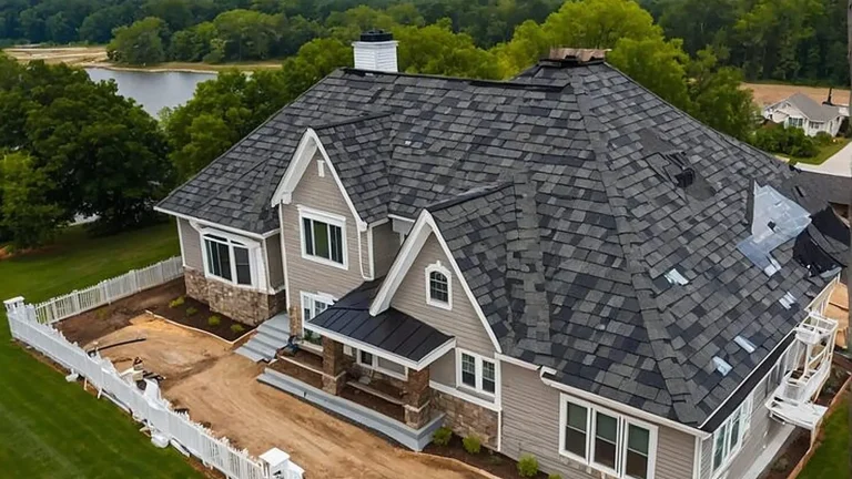 Aerial view of a new architectural asphalt shingle roof replacement in Olympia, WA