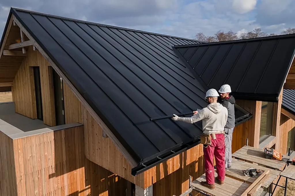 Roofers finishing a new standing seam metal roof on a wood-sided home