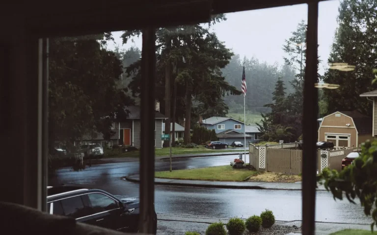 Rainy residential street of homes on the Eastside of Olympia, WA
