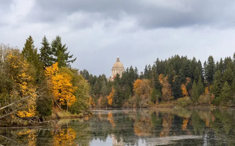 View across Capitol Lake toward West Olympia in autumn