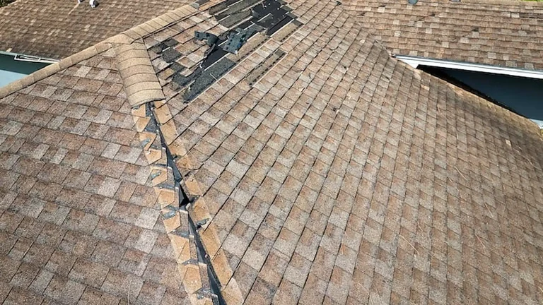 Wind-damaged roof with missing asphalt shingles before roof repair in Olympia, WA